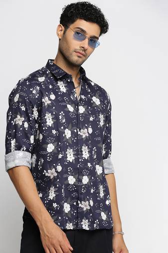 men's long sleeves floral navy blue shirt