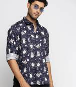 men's long sleeves floral navy blue shirt