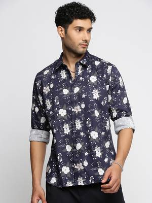 men's long sleeves floral navy blue shirt 2