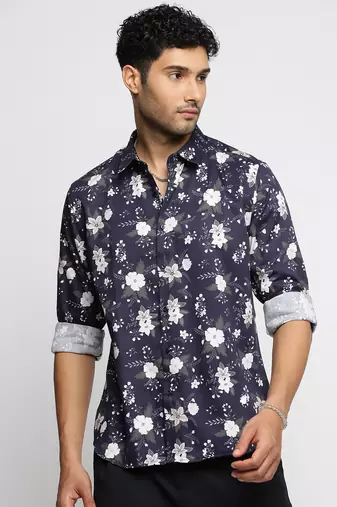 men's long sleeves floral navy blue shirt