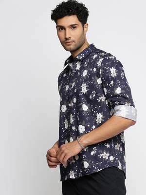 men's long sleeves floral navy blue shirt 3