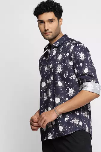 men's long sleeves floral navy blue shirt