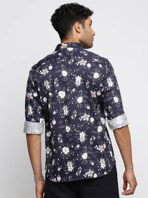 men's long sleeves floral navy blue shirt 4