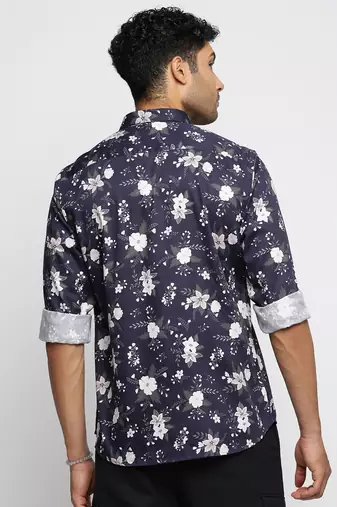 men's long sleeves floral navy blue shirt
