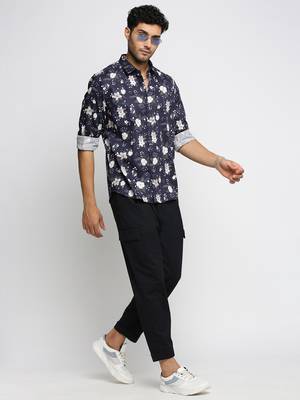 men's long sleeves floral navy blue shirt 5