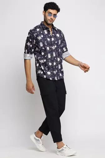 men's long sleeves floral navy blue shirt
