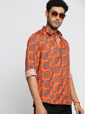 men's long sleeves ethnic motifs orange shirt 1