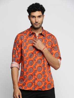 men's long sleeves ethnic motifs orange shirt 2