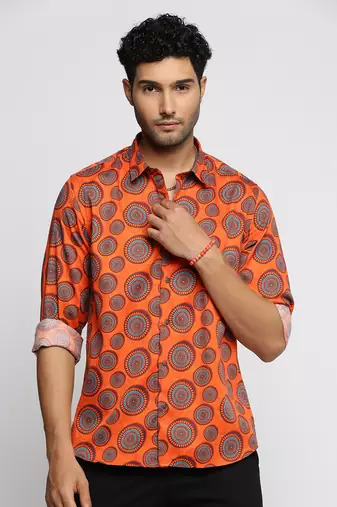 men's long sleeves ethnic motifs orange shirt