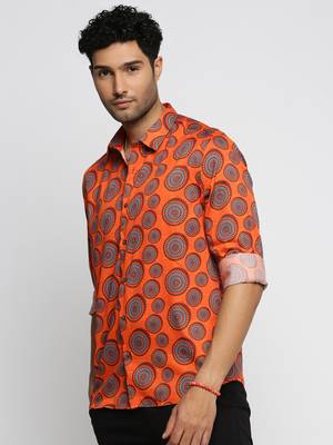 men's long sleeves ethnic motifs orange shirt 3