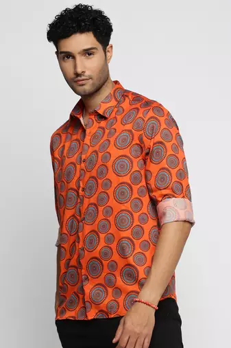 men's long sleeves ethnic motifs orange shirt