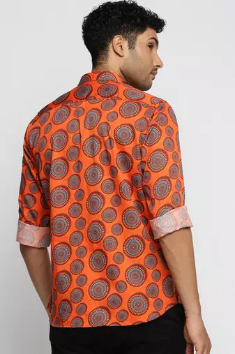 men's long sleeves ethnic motifs orange shirt