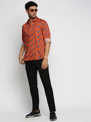 men's long sleeves ethnic motifs orange shirt 5