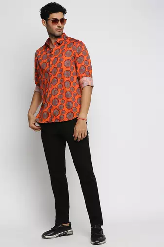 men's long sleeves ethnic motifs orange shirt