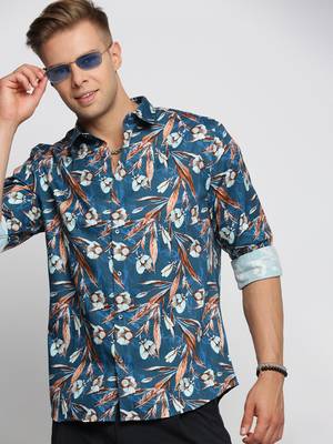 men's long sleeves floral teal shirt 1