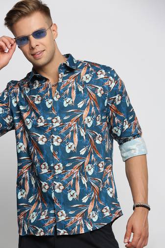 men's long sleeves floral teal shirt
