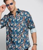 men's long sleeves floral teal shirt
