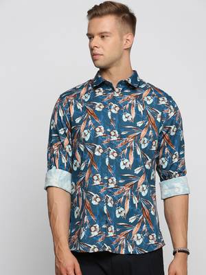 men's long sleeves floral teal shirt 2