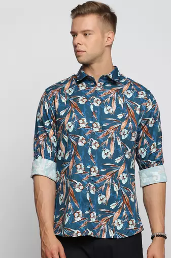 men's long sleeves floral teal shirt