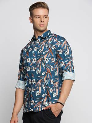 men's long sleeves floral teal shirt 3