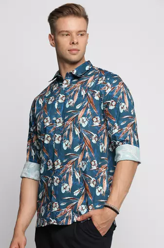 men's long sleeves floral teal shirt