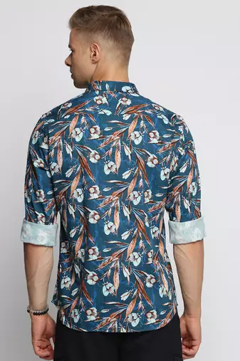 men's long sleeves floral teal shirt