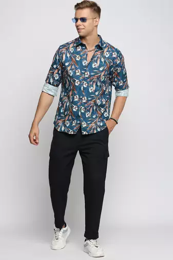 men's long sleeves floral teal shirt