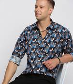 men's long sleeves floral blue shirt