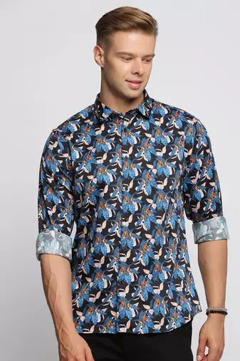 men's long sleeves floral blue shirt