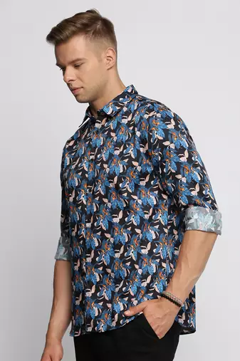 men's long sleeves floral blue shirt