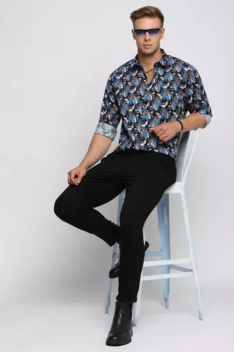 men's long sleeves floral blue shirt