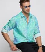 Showoff men's long sleeves floral turquoise blue shirt