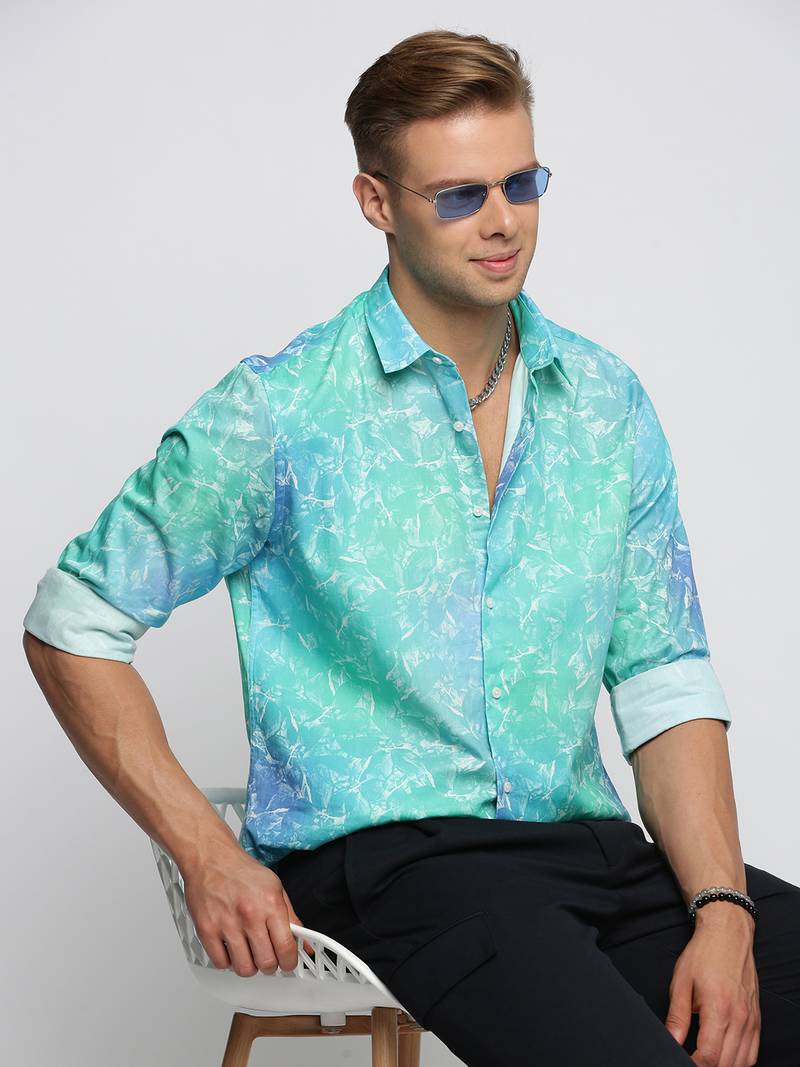 Showoff men's long sleeves floral turquoise blue shirt