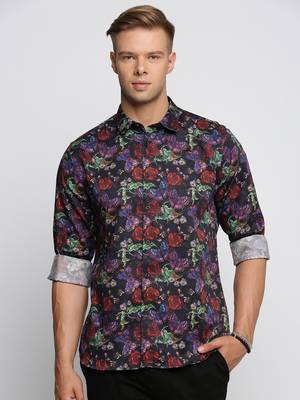men's long sleeves floral black shirt 2