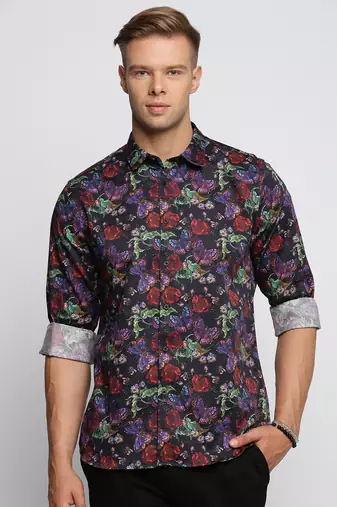 men's long sleeves floral black shirt