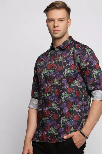 men's long sleeves floral black shirt