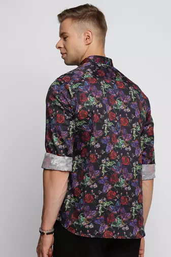 men's long sleeves floral black shirt