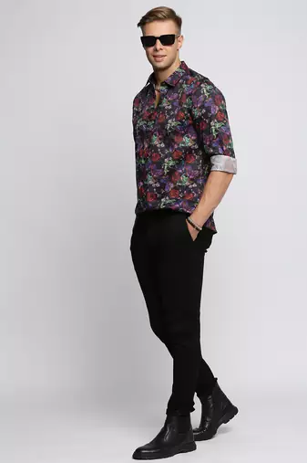 men's long sleeves floral black shirt