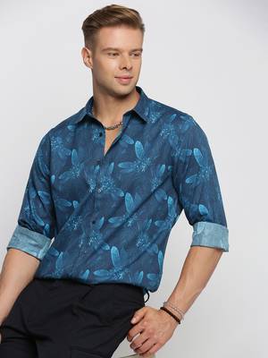 men's long sleeves floral blue shirt 1