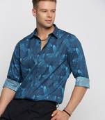 men's long sleeves floral blue shirt