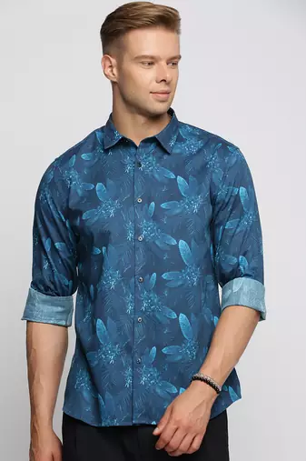 men's long sleeves floral blue shirt