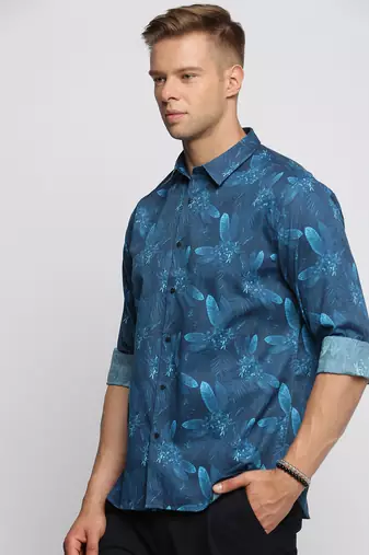 men's long sleeves floral blue shirt