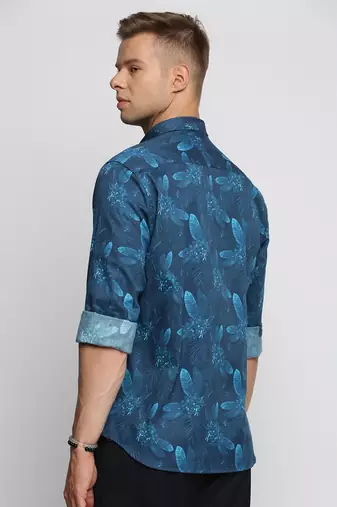 men's long sleeves floral blue shirt