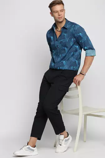 men's long sleeves floral blue shirt