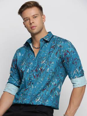 men's long sleeves floral teal shirt 1