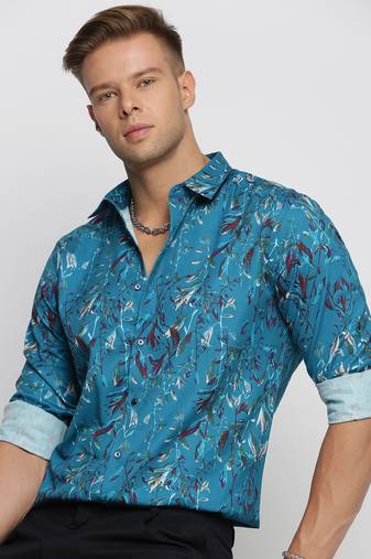 men's long sleeves floral teal shirt