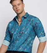 men's long sleeves floral teal shirt