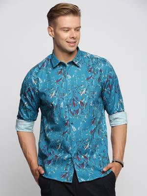 men's long sleeves floral teal shirt 2