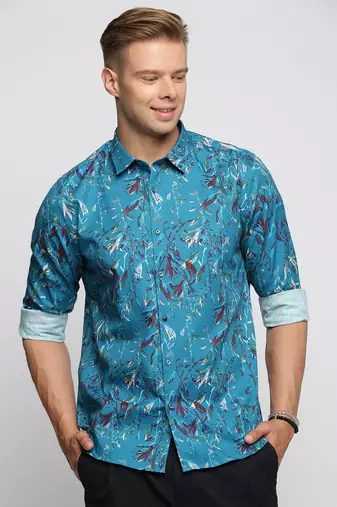 men's long sleeves floral teal shirt