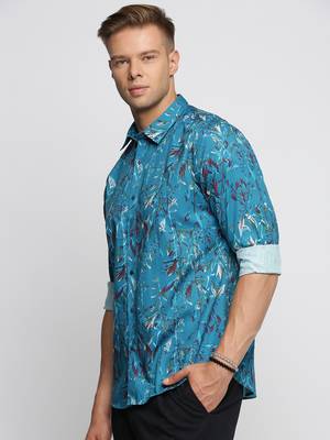 men's long sleeves floral teal shirt 3
